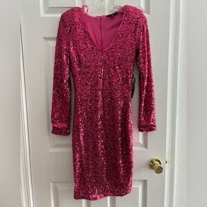Hot Pink Sequin Long Sleeve Short Dress from Haute Monde